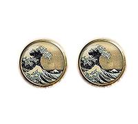 Bloody devil Customized Cufflinks, Handicraft artThe Great Wave of Kanagawa Cuff Links, Hokusai Mount Fuji Japan Japanese, Art Cuff Links in Bronze,Japanese Wave Ring