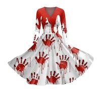 Bloody Halloween Dress for Women Plus Size Long Sleeve A Line Midi Horro Theme Party Summer Dresses Casual (S) Pink