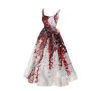 Bloody Hand Print Halloween Costume Dresses Spider Web Midi Sleeveless Square Neck Boho Casual Vacation Creepy Adjustable Strap Wedding Guest Party Elegant A-Line Dress, Red, L