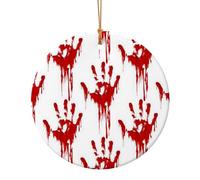 Bloody Handprints Printed Round Xmas Ornaments 10cm, Christmas Ceramic Pendant Hanging for Xmas Tree Home Indoor Outdoor Decor 1 Pcs
