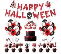 Bloody Horror Halloween Decorations, Red Glitter Scary Halloween Banner, Scary Red Black Bloody Hand Skull Balloons, 12 Pack Bloody Cupcake Toppers for Horror Spooky Haunted House Halloween Decoration