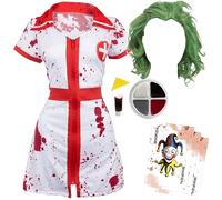 Bloody Joking Nurse Costume Set - Splattered Dress, Green Wig, Face Paint, Fake Blood & Joker Cards - Villain Fancy Dress for Adults