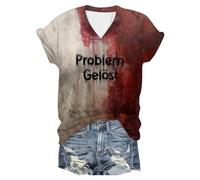 Bloody Problem Solved T Shirt, Halloween Party Horror Funny Costume Tee Bloody Art Short Sleeve Top Blood Print Shirt Blood Curdling Women'S V-Neck Short-Sleeve Halloween Print T Top
