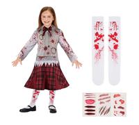 Bloody School Girl Zombie Costume - Halloween Zombie Costume, Creepy Scary Halloween Costumes for Girls School, Cheerleader, Includes 3pcs Bloody Sticker, Cosplay Party Dress Up, S