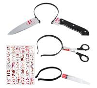 Bloody Scissors Knife in the Head 3-Piece Halloween Scary Accessories Set Syringe Horror Headband with 30 Pieces Halloween Zombie Scars Tattoo Kitchen Knife Key for Scary Costume Zombie