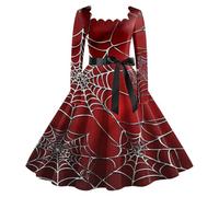 Bloody Splatter Halloween Costume Woman Funny Dresses Vintage Skull Square Neck Long Sleeve Audrey Hepburn Belted Cocktail Party Prom Festive Rockabilly Swing Dress Midi Dress, Brick Red, XXL