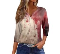 Bloody Tshirts for Women Halloween Scary Blood Print Shirt 3/4 Length Sleeve Top Happy Festival Family Party Celebration Halloween Themed Parties Costume (Watermelon Red, M)