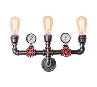 BLOOHK 3-Light Industrial Pipe Wall Lamp Vintage Steampunk Wall Sconce with Red Valve Gauge, Rustic Metal Lighting Fixture for Loft, Bar, Restaurant Decor