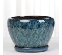BLOOHK Deep Blue Reactive Glaze Ceramic Plant Pot with Saucer, Modern Round Decorative Flower Pot Unique Peacock Teal Glazed Planter for Indoor Home Office Decor(20cm)
