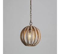 BLOOHK Farmhouse Orb Chandelier, Rustic Wood Sphere Pendant Light With Crystal Beads, Vintage Industrial Adjustable Hanging Fixture For Dining Room, Kitchen, Foyer (E26 Base)