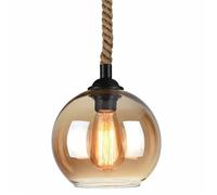 BLOOHK Industrial Globe Pendant Light with Hemp Rope Cable, Vintage Amber Glass Shade Hanging Lamp, E26 Base Farmhouse Ceiling Fixture for Kitchen Island, Bar, Cafe(20CM)