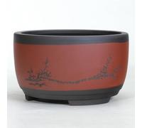 BLOOHK Large Ceramic Bonsai Pot, Handcrafted Zen Style Planter with Etched Floral Design, Traditional Chinese Zisha Style Round Succulent Pot for Indoor Outdoor Garden Decor