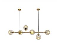 BLOOHK Modern 6-Light Glass Ball Chandelier, Industrial E27 Ceiling Pendant Light, Adjustable Suspension Hanging Fixture for Living Room, Dining Room, and Restaurant(Gold+Amber)