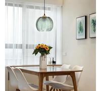 BLOOHK Modern Green Ribbed Glass Pendant Light, Vintage Fluted Globe Hanging Lamp Retro Textured Ceiling Fixture for Dining Room, Kitchen Island, Bedside(15cm)