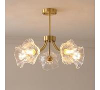 BLOOHK Modern Lotus Flower Copper Chandelier, Farmhouse Gold Glass Ceiling Light for Dining Room, Nordic Close to Ceiling Lamp for Bedroom Kitchen Island(5-Light)