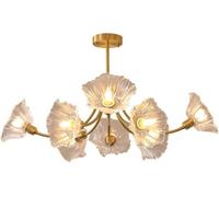 BLOOHK Modern Lotus Flower Copper Chandelier, Farmhouse Gold Glass Ceiling Light for Dining Room, Nordic Close to Ceiling Lamp for Bedroom Kitchen Island(8-Light)