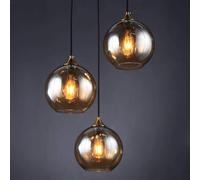 BLOOHK Modern Nordic 3-Light Glass Ball Pendant Light, Vintage E27 Amber/Smoky Gray Hanging Chandelier Fixture for Living Room, Bedroom Bedside Room Decor(Amber)