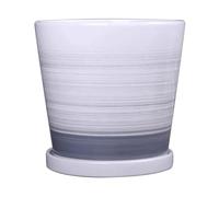 BLOOHK Modern White & Grey Ceramic Planter with Saucer, Hand-Painted Brushstroke Tapered Flower Pot Decorative Tabletop Plant Pot for Succulent Indoor Plants(14cm)