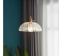 BLOOHK Nordic Ribbed Glass Pendant Light, Modern Brass Hanging Lamp, Adjustable E27 Glass Bowl Chandelier for Kitchen Island, Dining Room, Bar