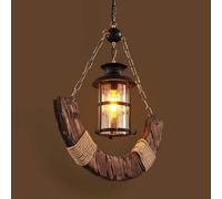 BLOOHK Rustic Wood Pendant Light with Hemp Rope, Industrial Single Light Hanging Lamp with Metal Lantern Glass Shade, Farmhouse Ceiling Fixture for Kitchen Island Bar