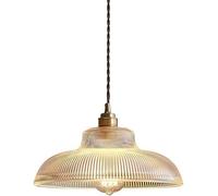 BLOOHK Simple Retro Brass Pendant Light, Round Striped Glass Shade E27 Chandelier Vintage Hanging Lamp Fixture for Kitchen Island, Dining Room, Living Room, Office