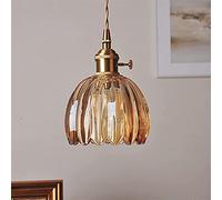 BLOOHK Vintage Amber Fluted Glass Pendant Light Retro Industrial Edison Hanging Lamp, Adjustable Cord Brass Finish Ceiling Fixture for Kitchen Island Bedside