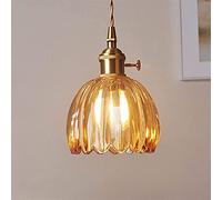 BLOOHK Vintage Amber Fluted Glass Pendant Light Retro Industrial Edison Hanging Lamp, Adjustable Cord Brass Finish Ceiling Fixture for Kitchen Island Bedside