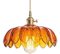 BLOOHK Vintage Amber Fluted Glass Pendant Light, Retro Scalloped Petal Hanging Lamp, Mid-Century Modern Ceiling Fixture for Kitchen Island, Dining Room, Bedroom, Bar Decor