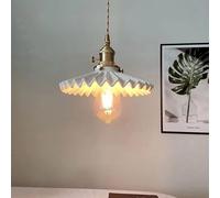 BLOOHK Vintage Ceramic Pendant Light, White Ruffled Fluted Shade With Brass Accent, Adjustable Hanging Lamp Fixture For Kitchen Island, Dining Room, Bedroom Decor