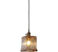 BLOOHK Vintage Industrial Amber Glass Pendant Light, Square Textured Shade, Antique Brass Hanging Lamp for Kitchen Island, Bar, Farmhouse Entryway Lighting