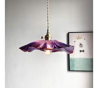 BLOOHK Vintage Purple Flower Glass Pendant Light, Copper E27 Single Head Hanging Chandelier, Retro Indoor Ceiling Lamp for Kitchen Island, Bedroom, Bar, and Coffee