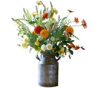 Bloom Artificial Orange Red White Marigold Flower Arrangement - Faux Silk Flowers That Look Real, Rustic Wedding Flowers & Decorations, Artificial Foliage In Vase, Home Decor Centrepiece