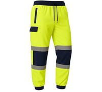 BLOOM BLENDS Men’s Hi-Vis Work Trousers with Built-in Knee Pads - High Visibility Fleece Cargo Pants with Reflective Tape, Reinforced Knees & Multi Pockets - S-5XL (UK, 3XL, Yellow/Navy)