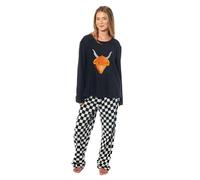 BLOOM BLENDS Women's Embroidery Fleece Pyjama Set Soft & Warm Sleepwear Long Sleeve Animal Stitched PJs (UK, Alpha, One Size, Regular, Regular, S, Highland Cow)