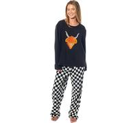 BLOOM BLENDS Women's Embroidery Fleece Pyjama Set Soft & Warm Sleepwear Long Sleeve Animal Stitched PJs (UK, Alpha, One Size, Regular, Regular, M, Highland Cow)