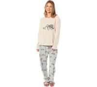 BLOOM BLENDS Women's Embroidery Fleece Pyjama Set Soft & Warm Sleepwear Long Sleeve Animal Stitched PJs (UK, Alpha, One Size, Regular, Regular, L, Sloth)