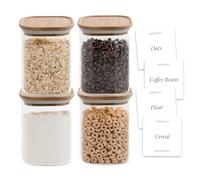 Bloom & Breeze Airtight Glass Pasta Containers for Pantry, Spaghetti Container, Glass Cereal Containers Storage, Rice Dispenser, Square Glass Storage Acacia Lids, Pack of 4, 32oz