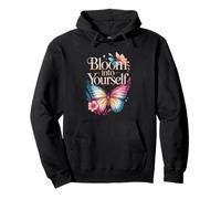 Bloom Into Yourself Butterfly Floral Quote Pullover Hoodie