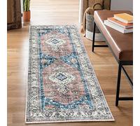 Bloom Rugs Caria Washable Non-Slip 7 ft Runner - Coral Pink/Ocean Blue Traditional Runner for Entryway, Hallway, Bathroom, and Kitchen - Exact Size: 2'6" x 7'