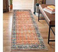 Bloom Rugs Washable Non-Slip 10 ft Runner - Orange/Teal Blue Traditional Bordered Runner for Entryway, Hallway, Bathroom, and Kitchen - Exact Size: 2.5' x 10'