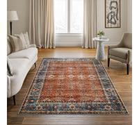 Bloom Rugs Washable Non-Slip 5' x 7' Rug - Orange/Teal Blue Traditional Bordered Area Rug for Living Room, Bedroom, Dining Room, and Kitchen - Exact Size: 5' x 7'