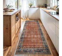 Bloom Rugs Washable Non-Slip 7 ft Runner - Orange/Teal Blue Traditional Bordered Runner for Entryway, Hallway, Bathroom, and Kitchen - Exact Size: 2.5' x 7'