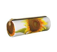 Bloom Sunflower Printed Leather Pencil Case Round Pen Pencil Pouch Office Large Pencil Bag Stationery Box for Men Women Teens Students