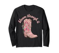 Bloom Through It Pink Ribbon Cowboy Boot Breast Cancer Long Sleeve T-Shirt