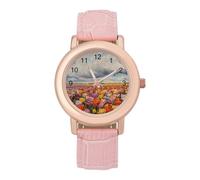 Bloom Tulip Fields Womens Leather Strap Elegant Lady Wrist Watches Casual Band Three-Hand Watch