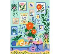 Bloom Within Garden Room 500 Piece Jigsaw Puzzle for Adults, Colorful Floral Wall Gallery with Potted Plants, Hanging Vines, Orange Blossoms, Blue Flowers, Cozy Sofa, Tea Table and Sleeping Spaniel