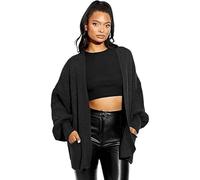 BloomFashion® Women's Open Front Chunky Knitted Two Pocket Cardigan - Ladies Oversized Balloon Sleeve Cable Knit Short Cardigans UK Black, 8-10