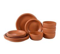 Bloomhouse Corsica Clay 12 Piece Stoneware Rustic Reactive Glaze Dinnerware Set - Stackable Plates and Bowls Set. Service for 4 - Matte Burnt Apricot Terracotta