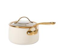 Bloomhouse - Oprah's Favorite Things - 3 Quart Heavy Duty Aluminum Premium PFA Free Ceramic Nonstick Saucepan with Lid - Almond Cream w/Gold Handle
