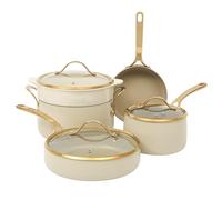 bloomhouse - Oprah's Favorite Things - 8 Piece Pots and Pans Heavy Duty Aluminum Premium PFA Free Ceramic Nonstick Cookware Set - Almond Cream w/Gold Handle
